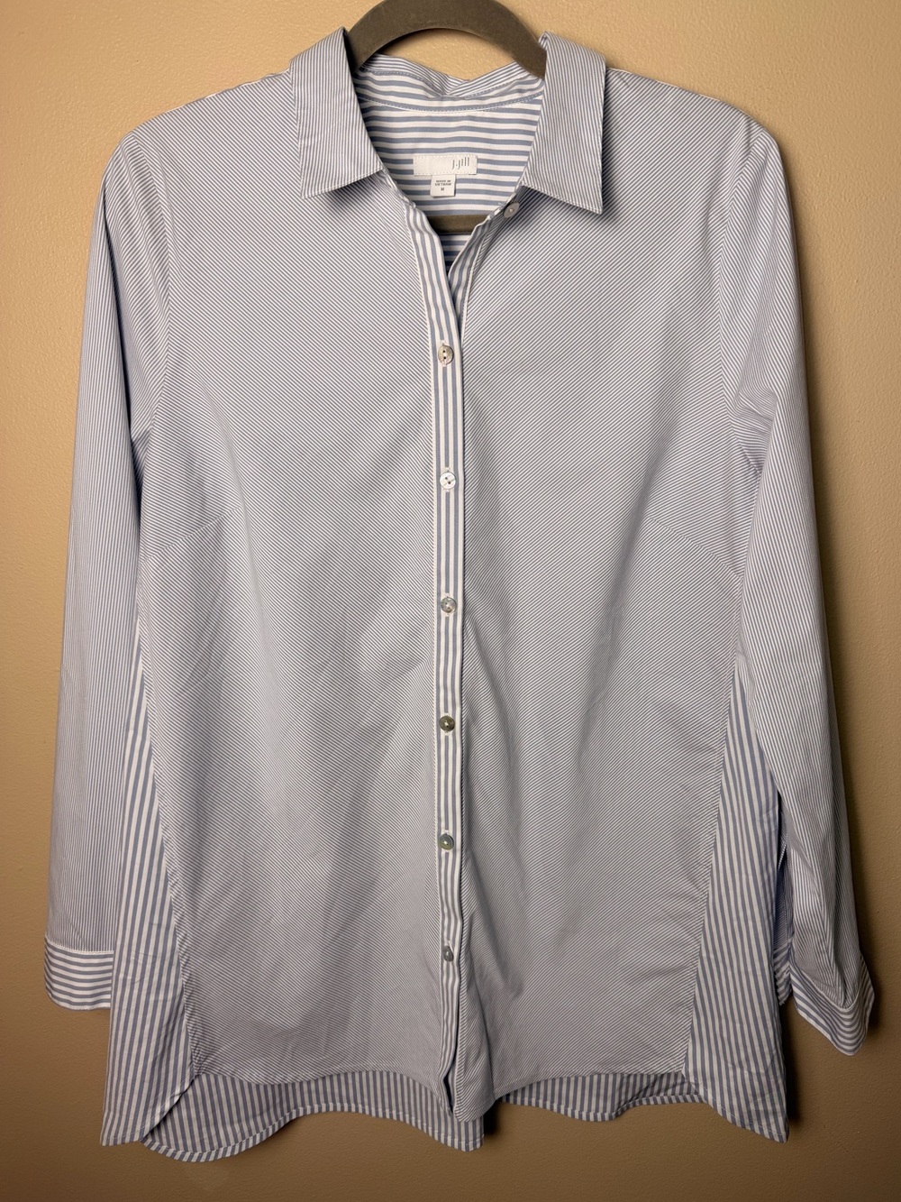 J. Jill Blue White Striped Button Front Shirt Tunic Blouse Size M EUC